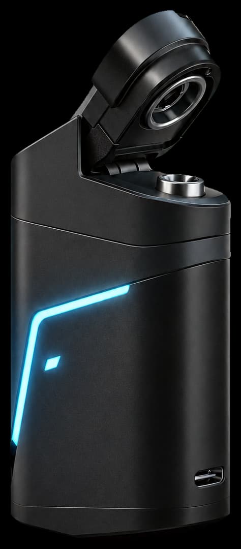 Open black hardware platform with illuminated blue interface.