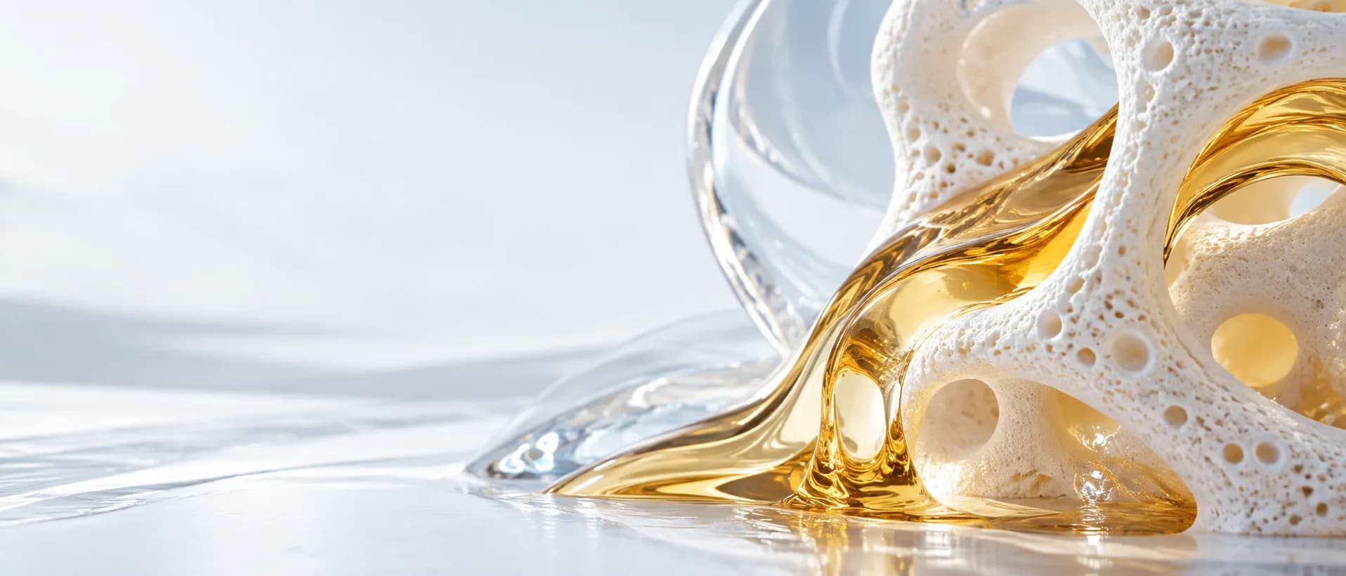 Abstract study of amber oil flow through a porous ceramic structure.