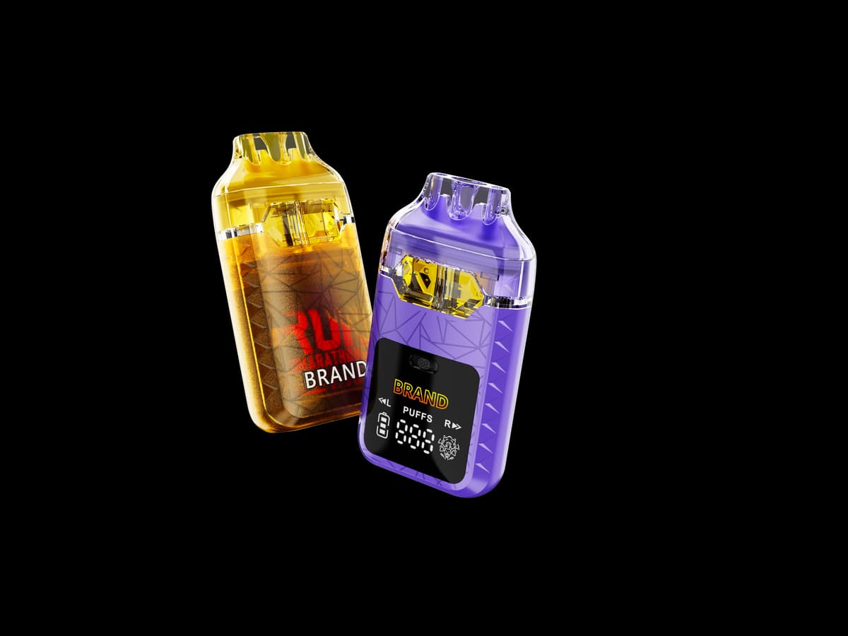 Two translucent CLEARVAPE hardware formats in amber and violet finishes.