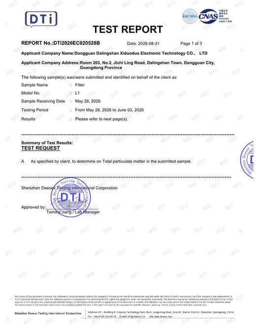 First page of the DTI VELAX test report.