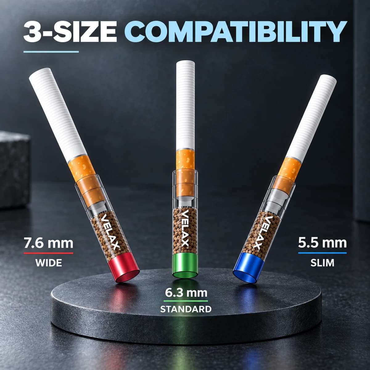 Source-claimed VELAX compatibility artwork showing three cigarette-format directions.