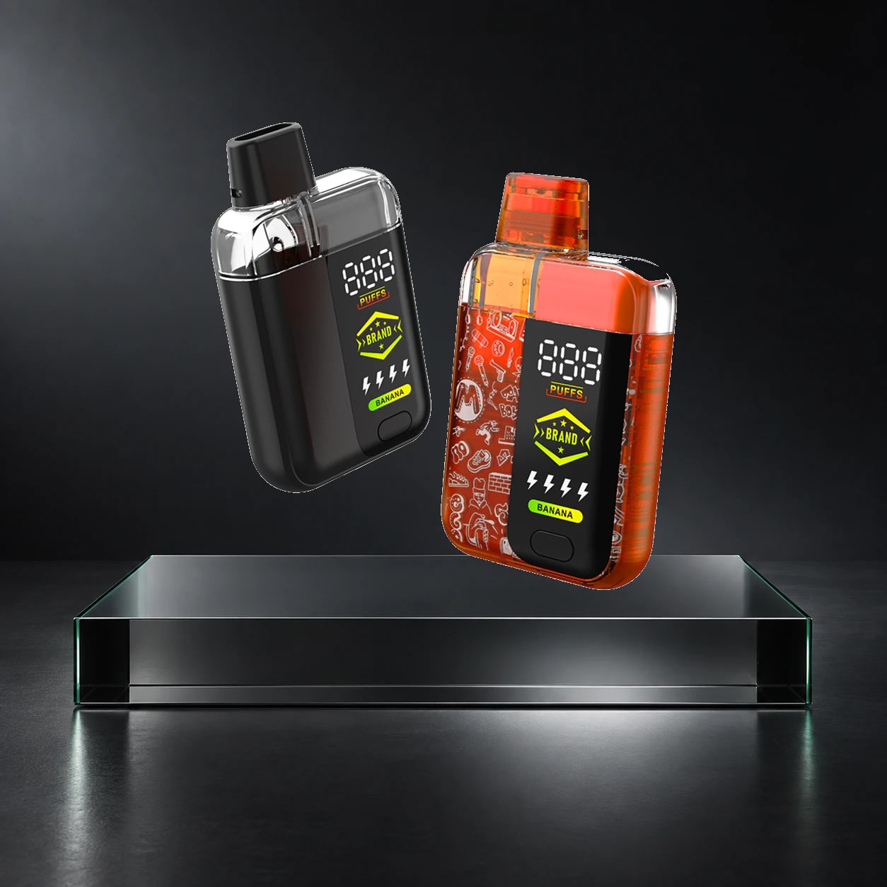 Compact vaporizer hardware concepts in black and orange finishes.