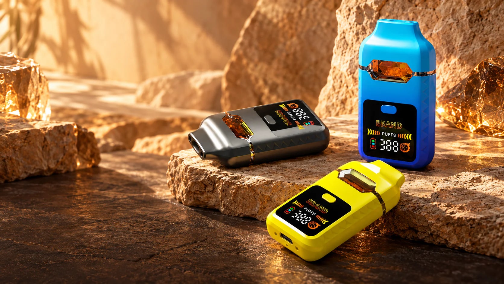 Box-format vaporizer hardware concepts in three color finishes.