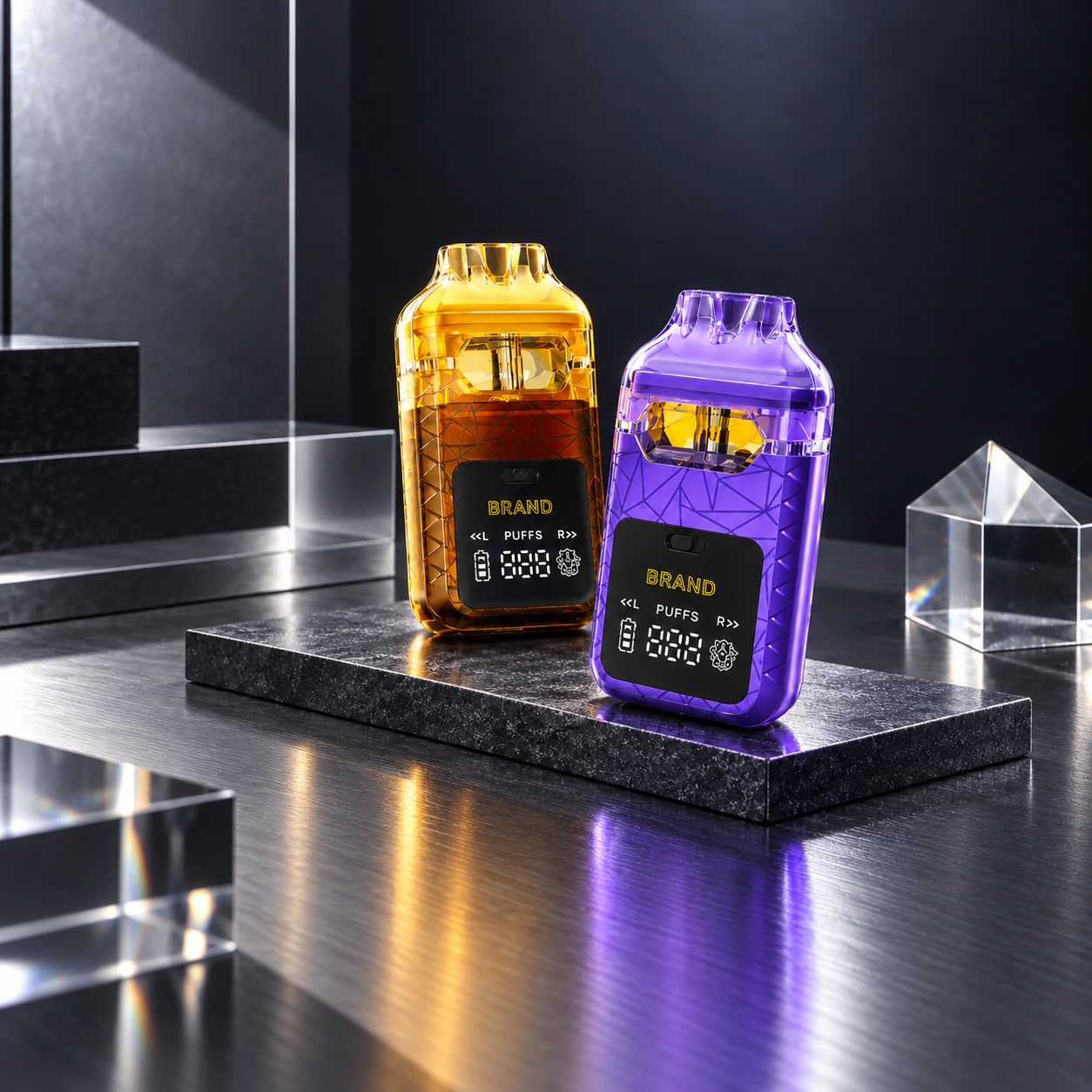 Transparent vaporizer hardware concepts in amber and violet finishes.