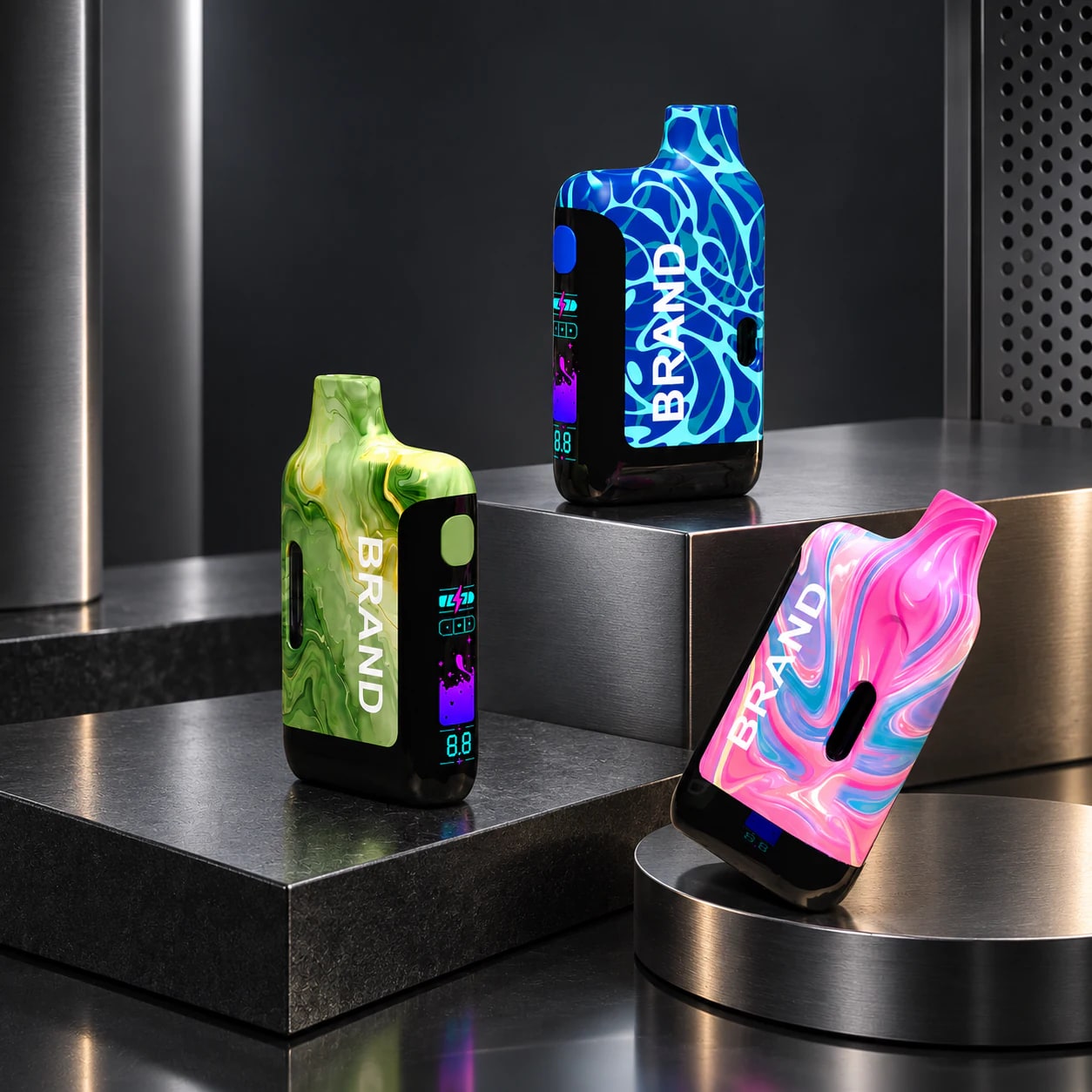 Graphic-finish vaporizer hardware concepts in three colorways.