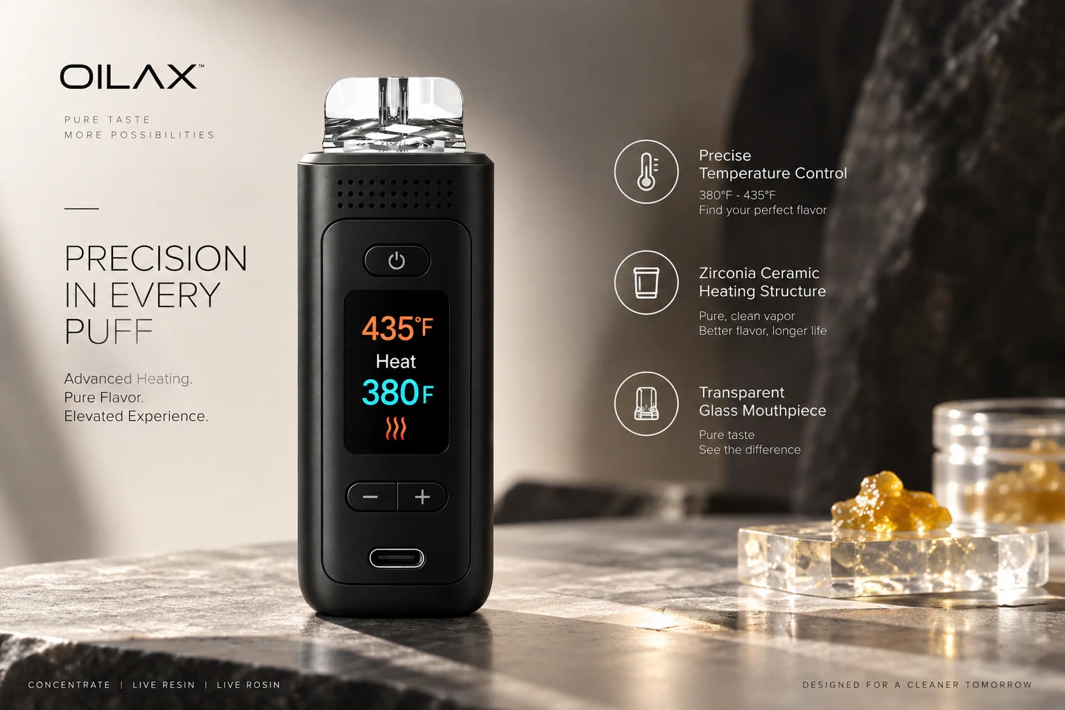 Black OILAX concentrate hardware with temperature display.