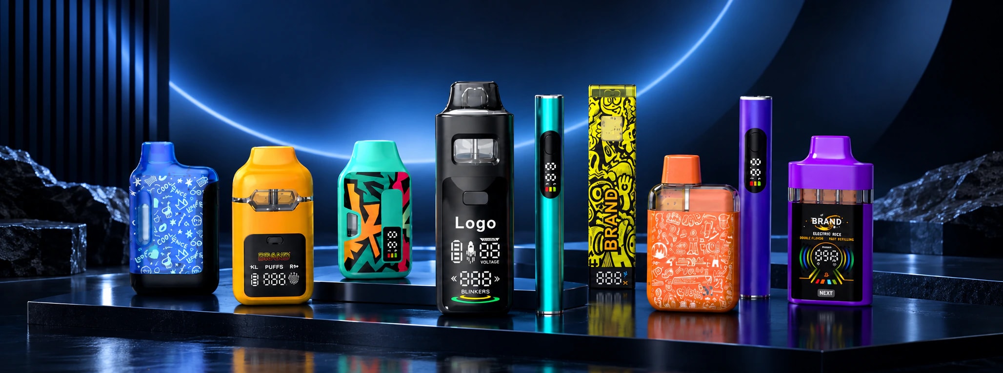 A range of colorful vaporizer hardware formats on a blue studio platform.