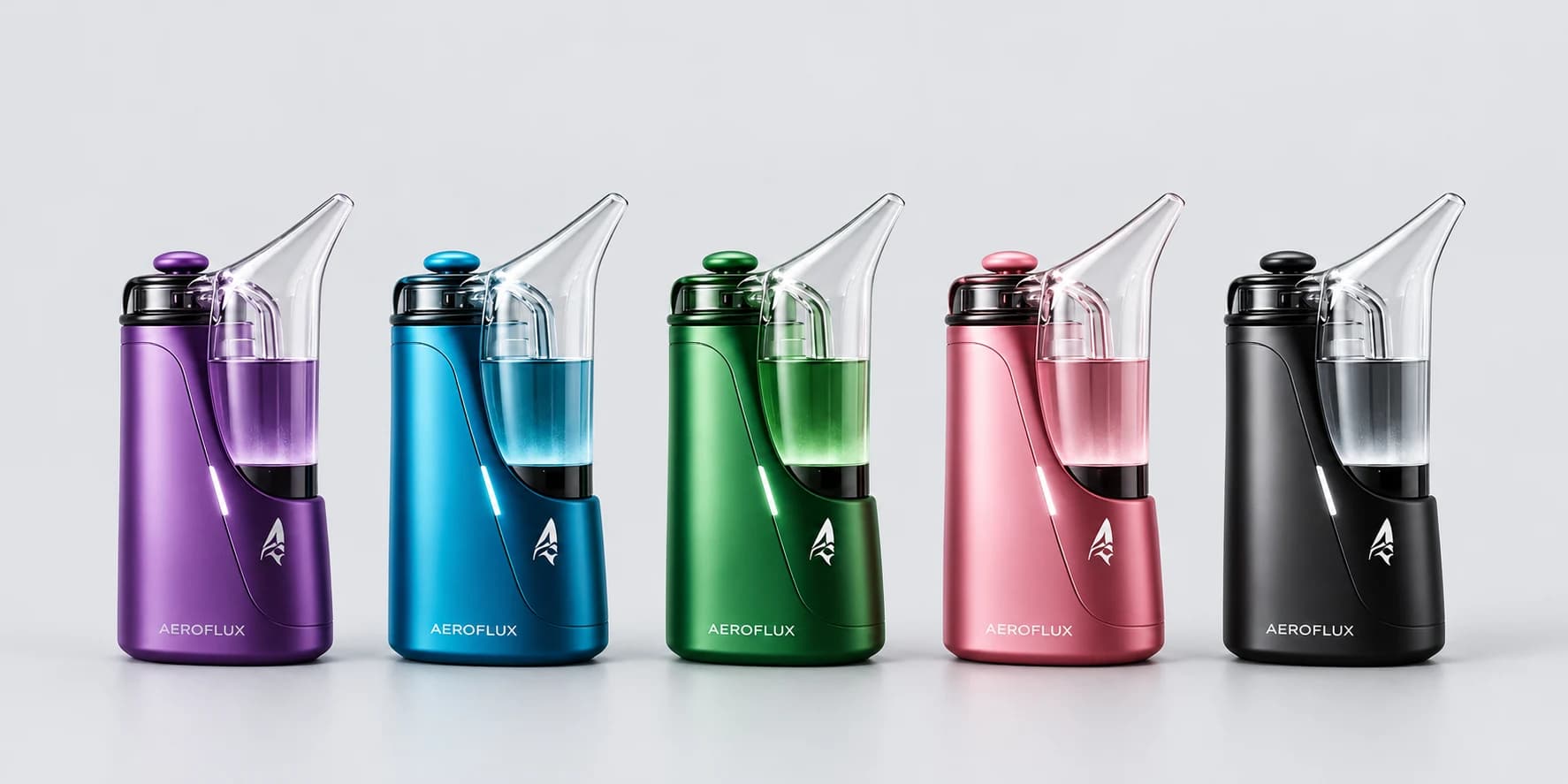 Five AEROFLUX hardware references in purple, blue, green, pink and black, each with a transparent glass attachment