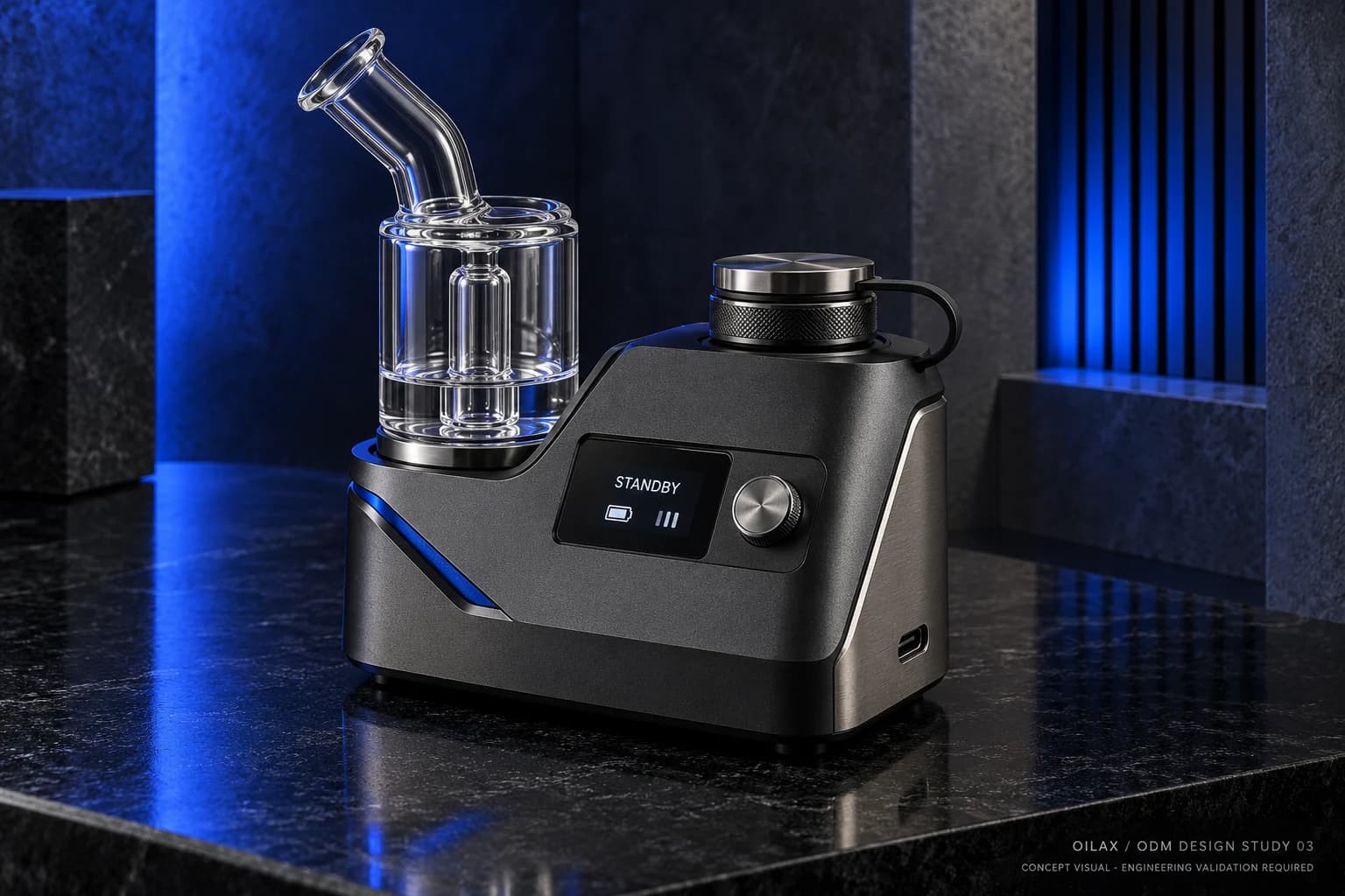 Full desktop concept showing the screen, rotary knob, glass assembly and proposed charging port