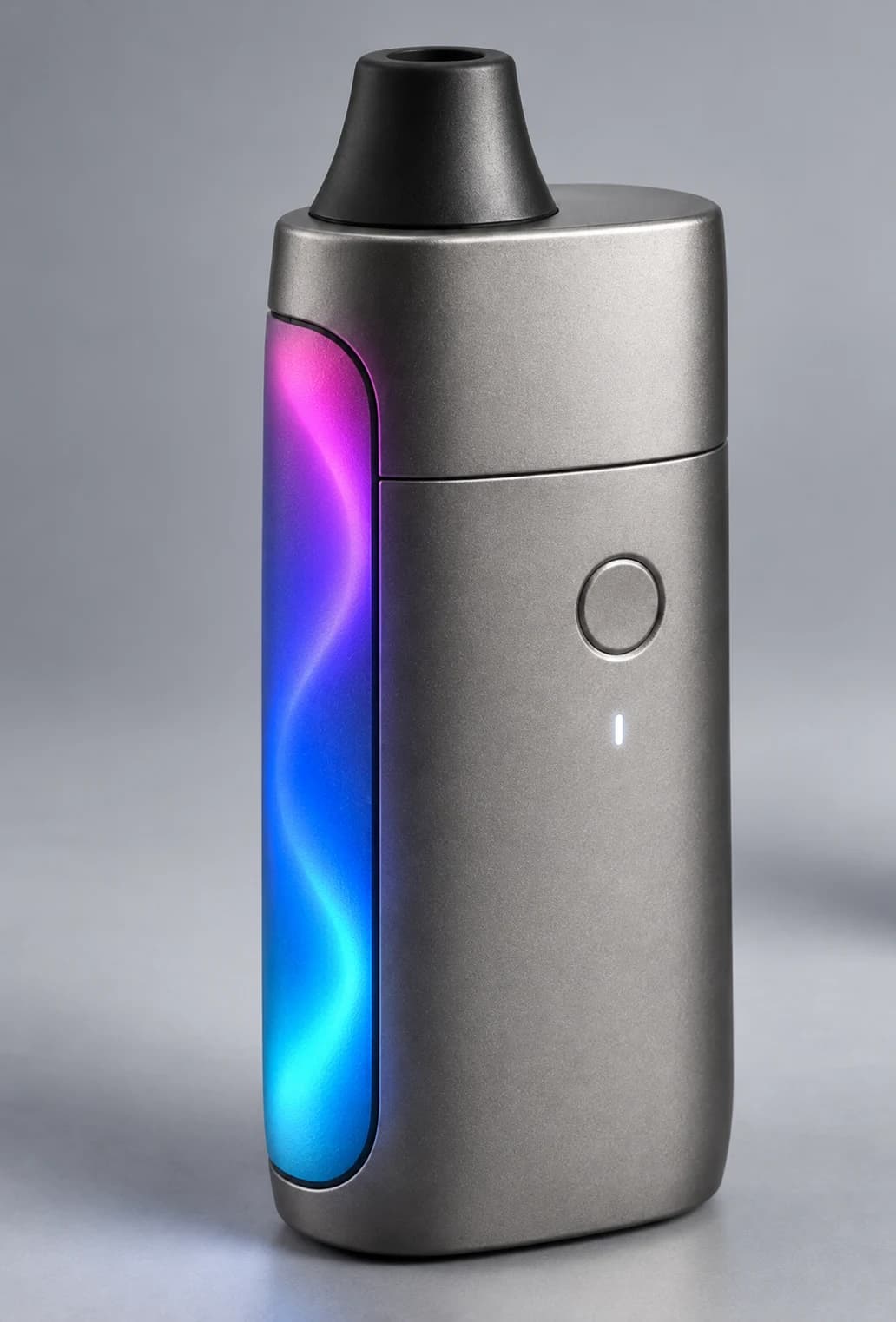 Portable concentrate hardware concept with metallic body, black mouthpiece and cyan-to-magenta diffused light panel