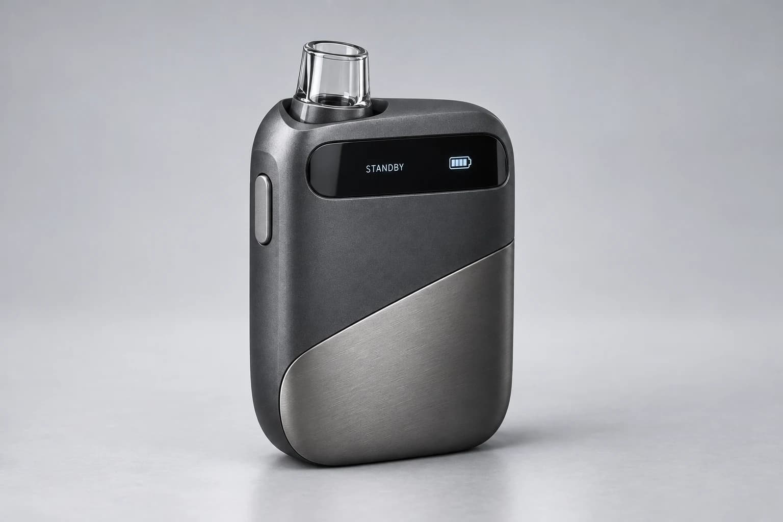ARC graphite concept with elongated rounded body, diagonal metal finish, horizontal screen and glass mouthpiece