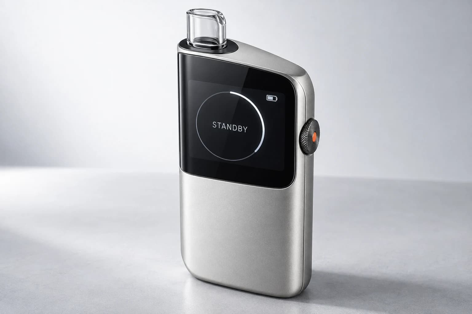 VIEW silver concept showing its large display, sloping shoulder, glass mouthpiece and side dial