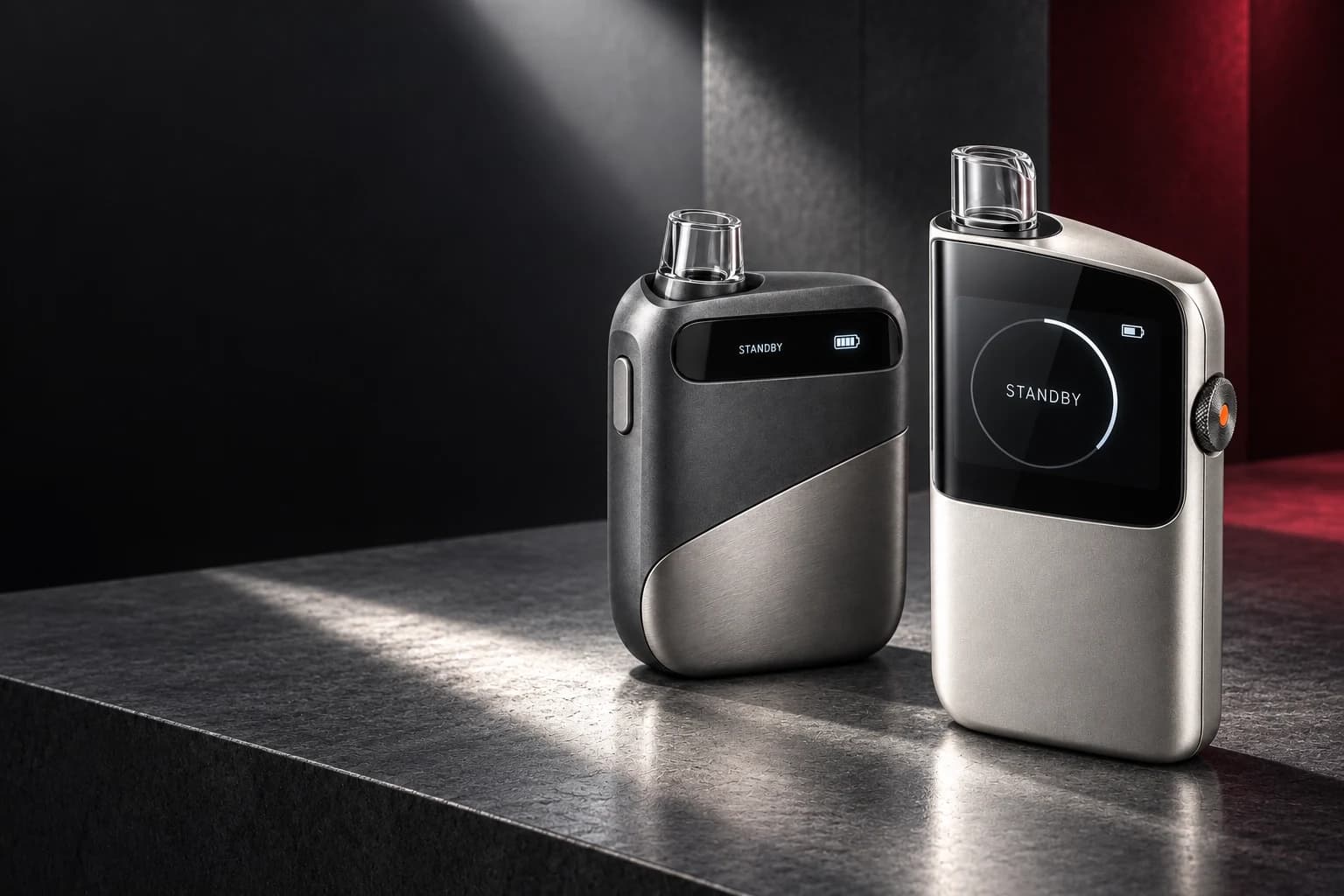 ARC graphite and VIEW silver dry herb concepts together on a dramatically lit studio platform