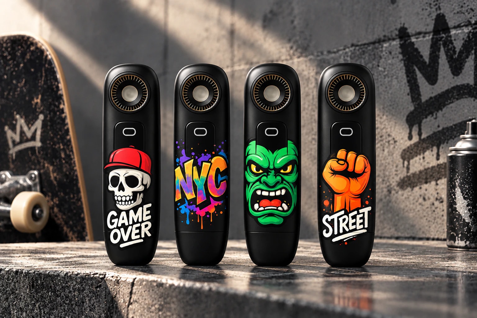 Four black customizable hardware devices with street-art graphics.