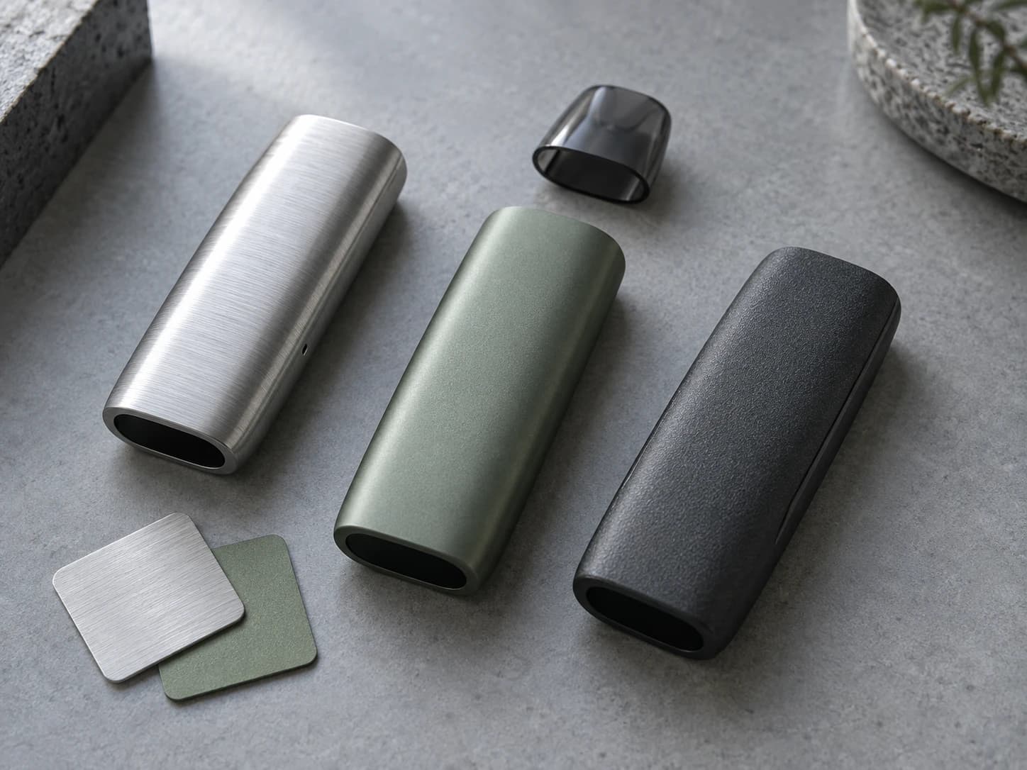 Concept study of anonymous hardware exterior housings and surface-finish references.