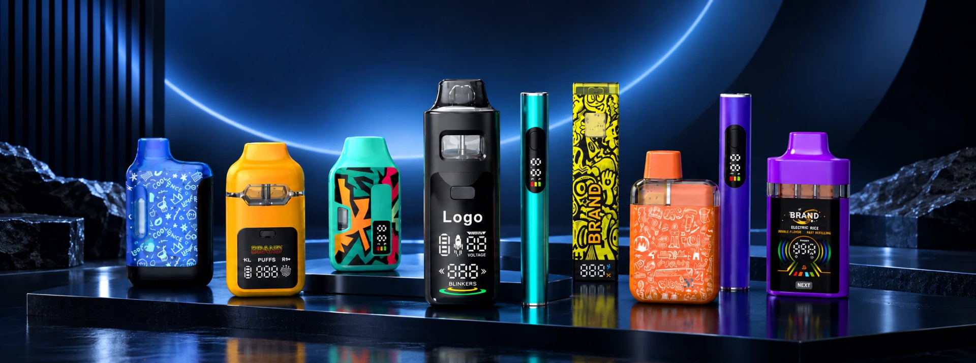 A range of colorful vaporizer hardware formats on a blue studio platform.