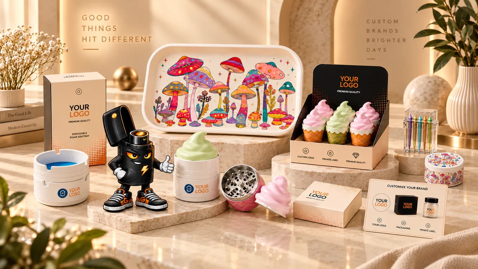 Private-label accessory display with an illustrated rolling tray, grinders, storage cases and custom-logo packaging.