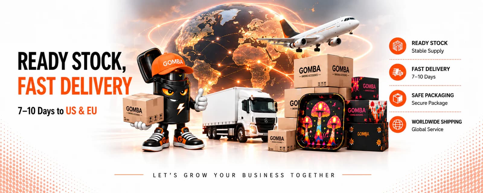 GOMBA supply and shipping promotion with an advertised 7-10 day US and EU delivery estimate, subject to order-specific confirmation.