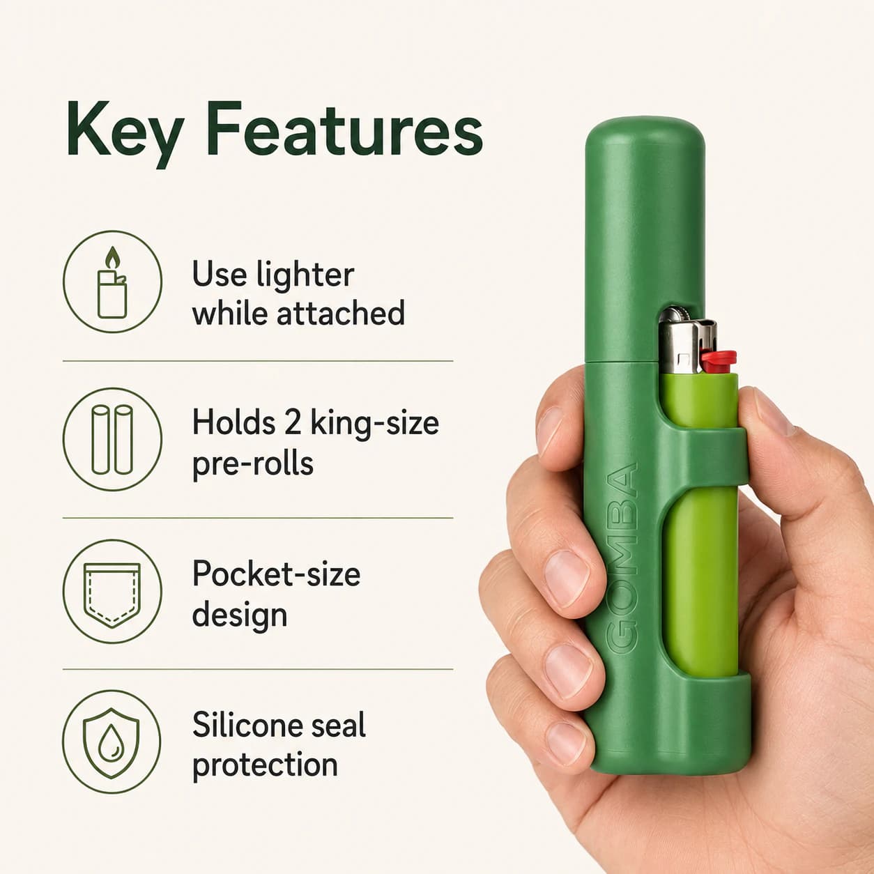 GOMBA two-in-one lighter holder showing the attached lighter, dual storage and pocket-size format