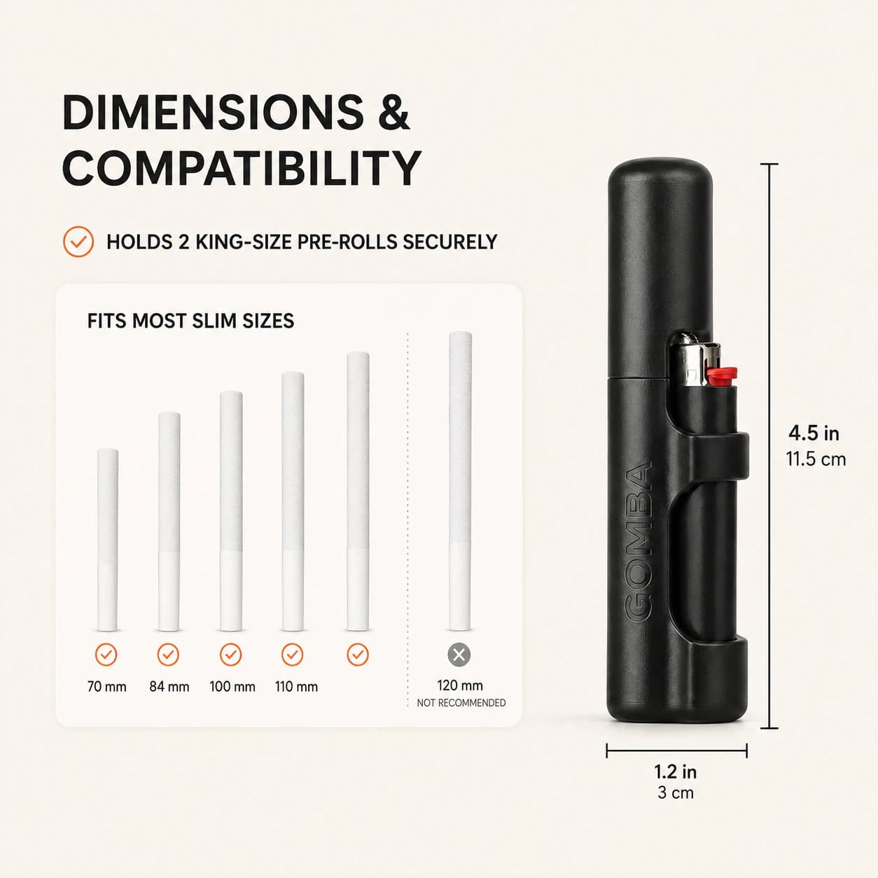 GOMBA lighter holder dimensions and compatible pre-roll lengths