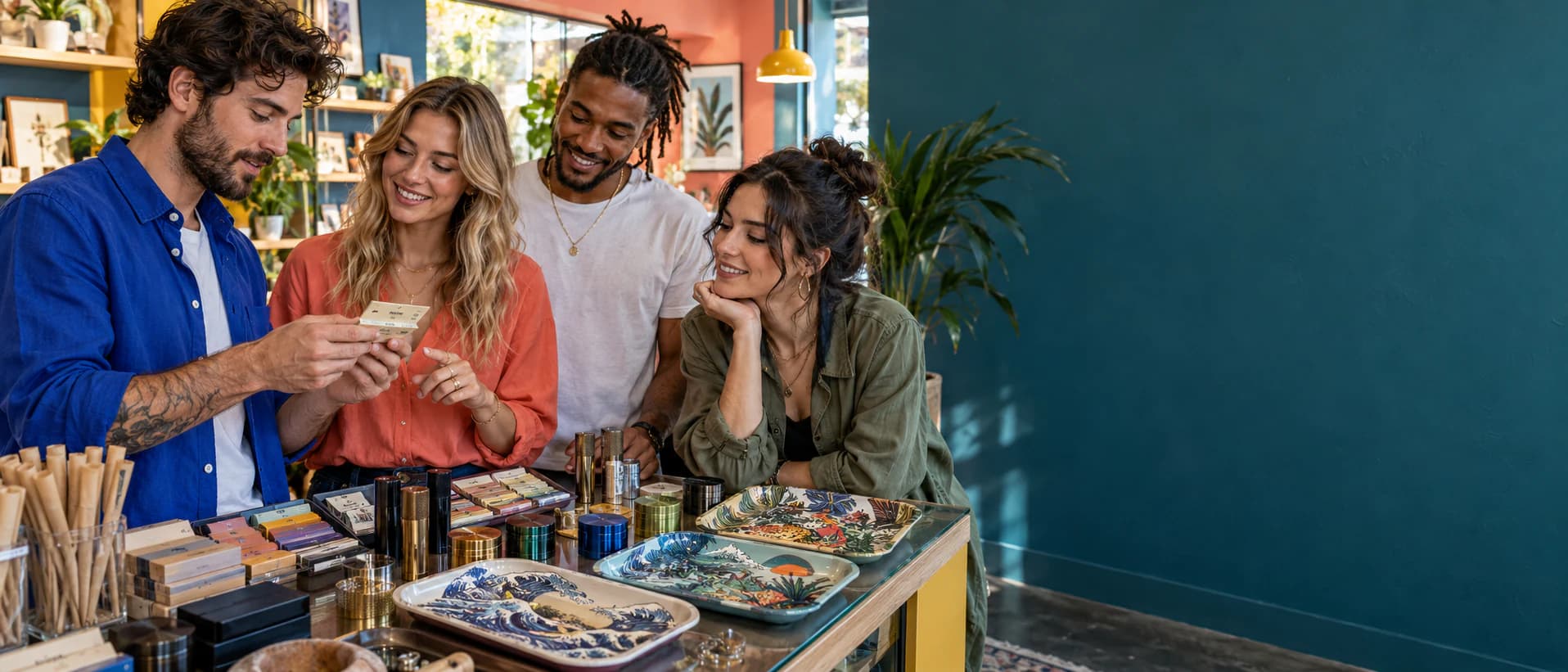 Adult customers reviewing rolling papers and illustrated trays in a colorful accessories boutique