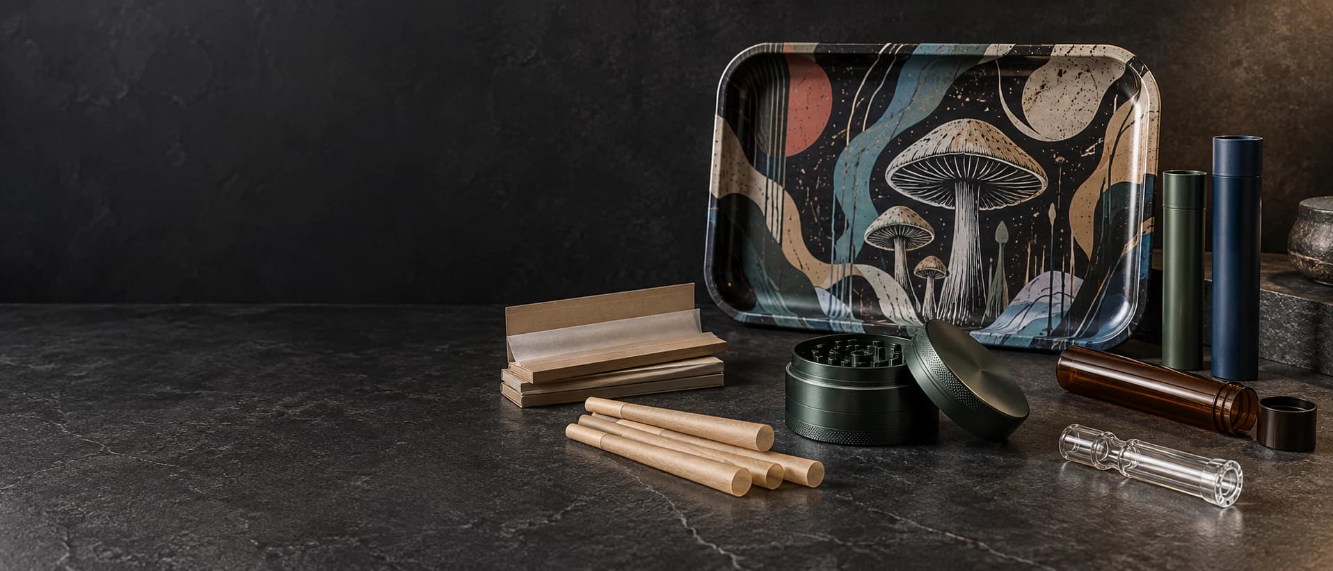 Rolling papers, a custom rolling tray, grinder and storage accessories arranged for wholesale review