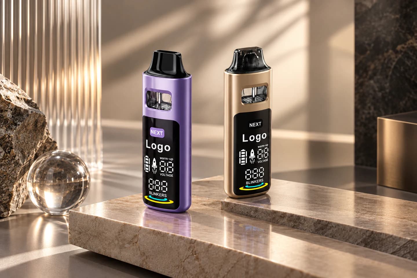 Display-led pod hardware concepts in violet and champagne finishes.