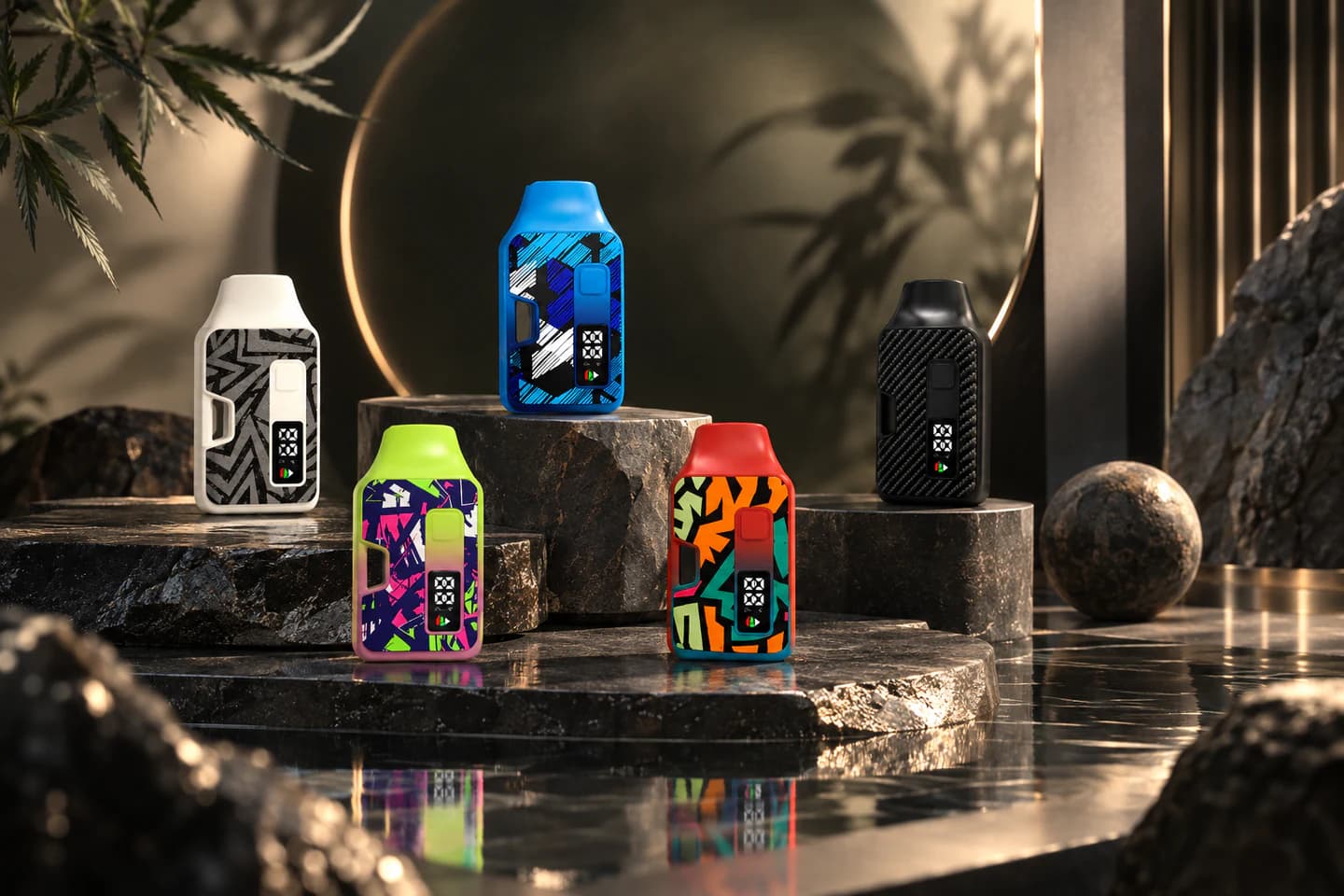 Graphic-shell all-in-one vape hardware concepts in multiple finishes.