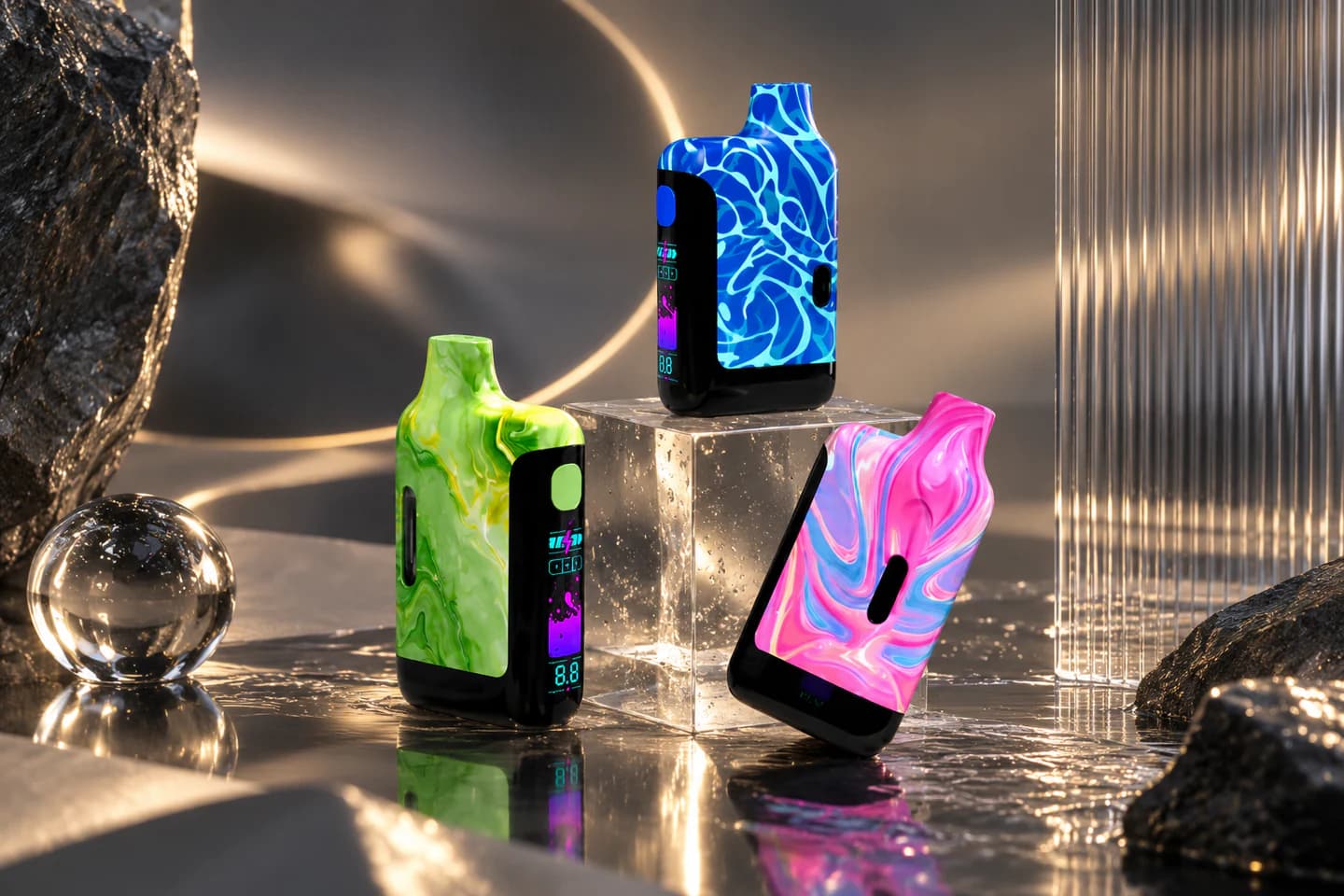 Vape hardware concepts showing multiple shell, screen and finish directions.