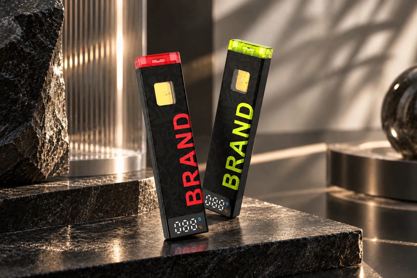 Slim vape hardware formats with contrasting end accents.