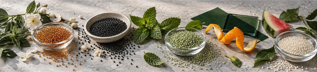 Small, uniform filter flavor granules in amber, charcoal, pale green and off-white with botanical flavor cues.