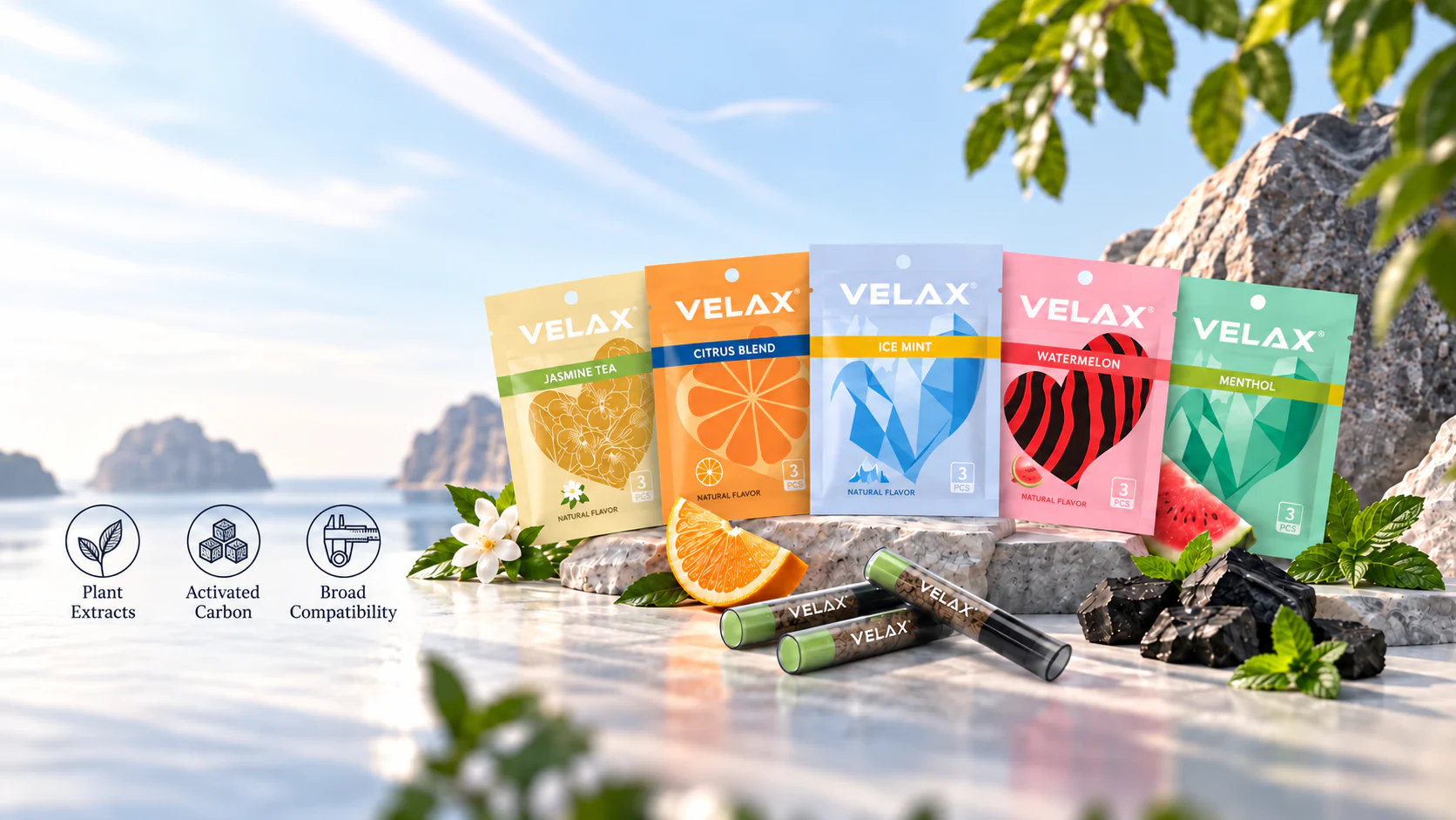 Lima referensi kemasan VELAX dan filter rokok dalam tampilan produk.