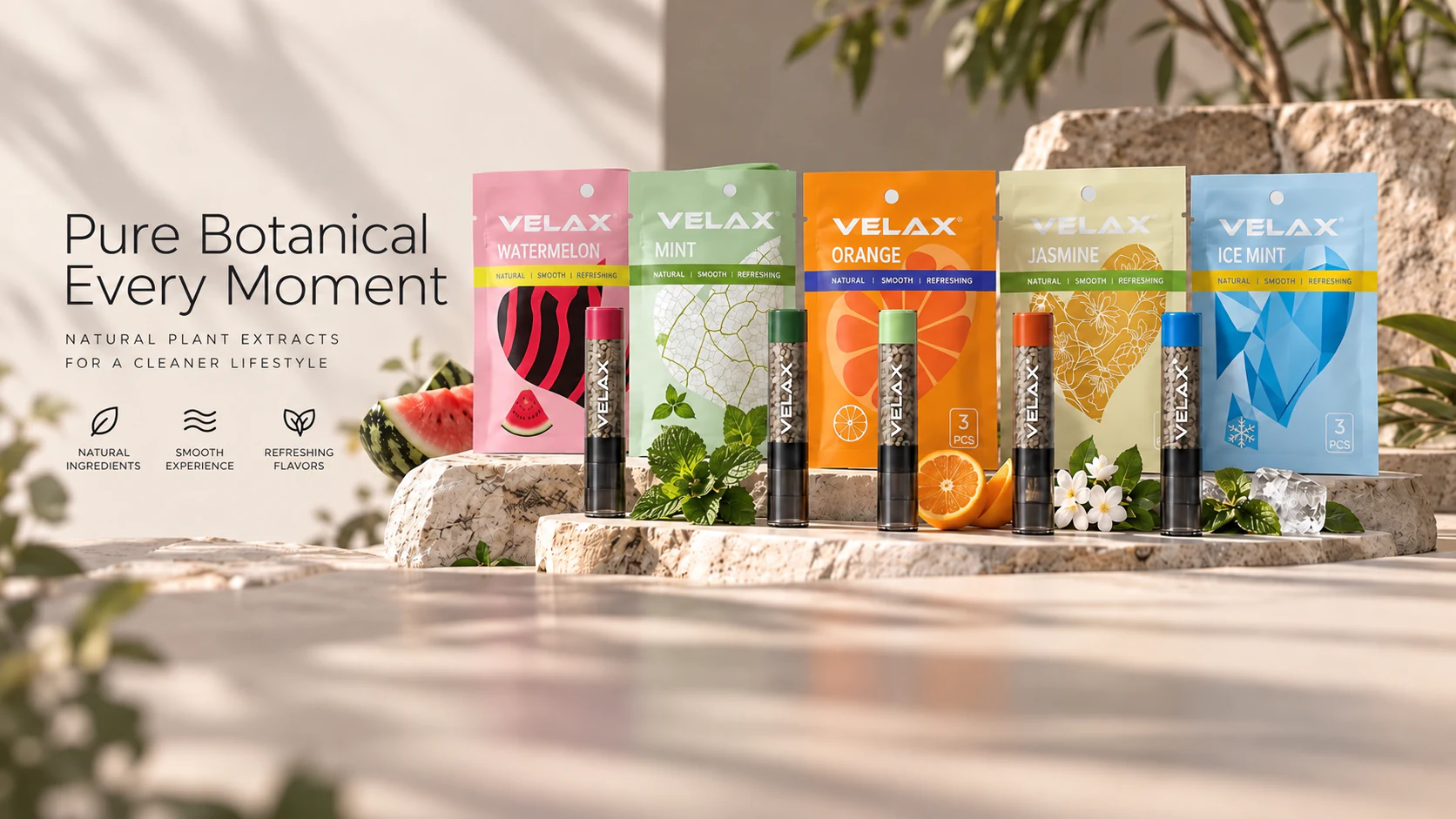 Original VELAX packaging and matching filter sticks in pink, green, orange, yellow and blue.